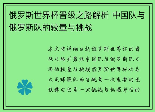 俄罗斯世界杯晋级之路解析 中国队与俄罗斯队的较量与挑战